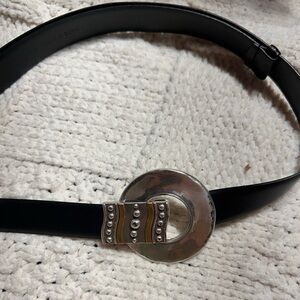 Chico’s Black Leather Belt Split Style 1762 Silver & Gold Buckle Sz Medium Large